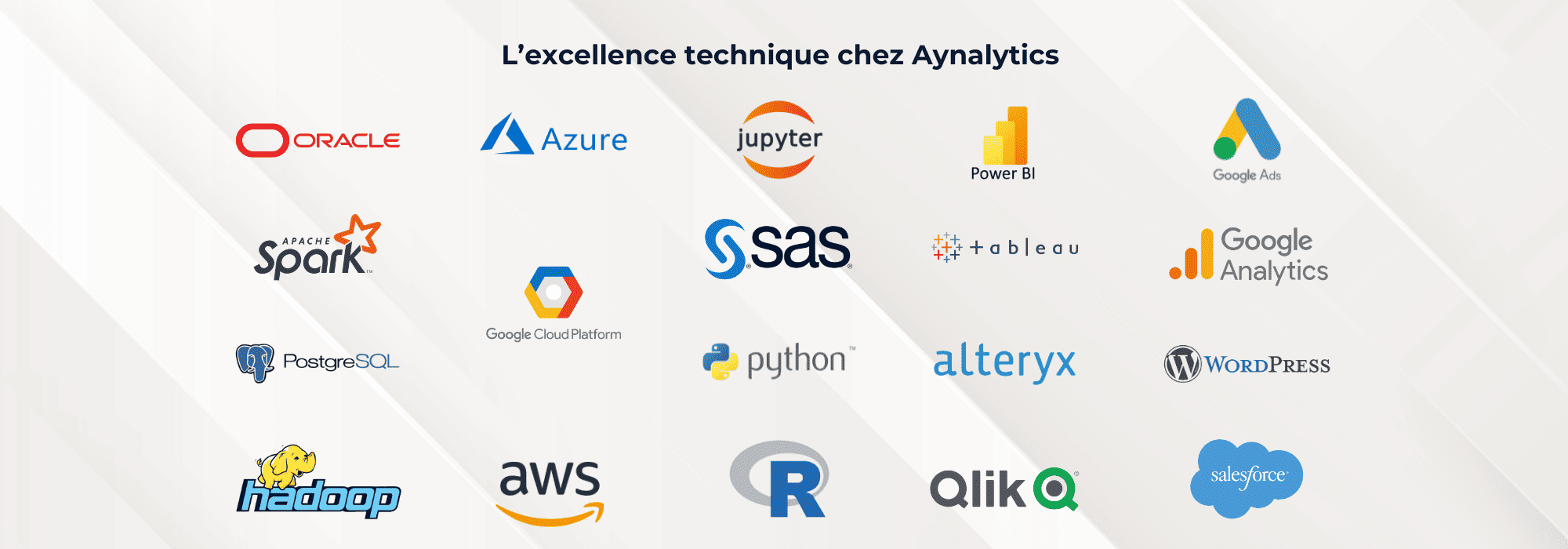 Outils d'expertise Aynalytics : Oracle, Apache Spark, PostgreSQL, Hadoop, Azure, Google Cloud, AWS, Google Ads, Analytics, WordPress, Salesforce, Power BI, Tableau, Python, SAS et Jupyter.