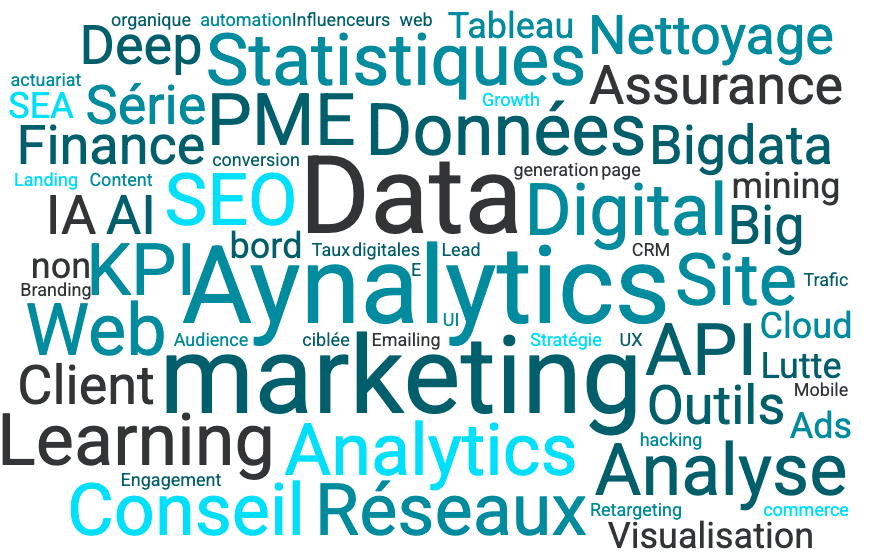 Nuage de mots illustrant data, marketing digital, analytics, conseil, big data et intelligence artificielle.